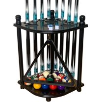 Floor Pool Cue Rack Hold 8 Cue Sticks & Billiard Accessories. Corner Stand Pool Cue Holder Made of 100% Solid Hardwood. Provided Ball Rack Hook. CUE RACK ONLY (Black)