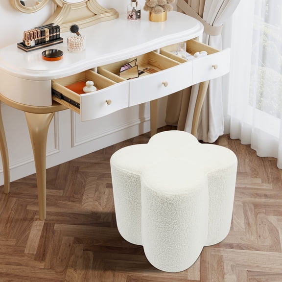 Floor Pouf Ottoman, Floral-shaped Pouf, White Puff Foot Rest, Small Vanity Stool