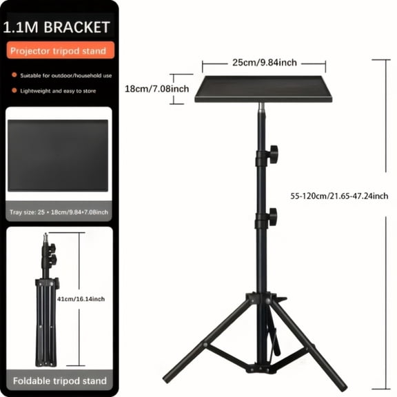 Floor Projector Tripod Stand with Tray, Height Adjustable 21.6-47.2 inch, Portable Foldable for Laptop up to 14 inch & Projector, 11 lbs Capacity, Non-Slip Base, Compatible with Camera, Black