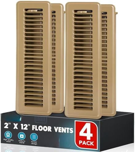 Floor Register 2x12, 4 Pack Floor Vent Covers, Steel Adjustable Air Supply Grille Register Vent Cover Grill for Sidewall and Floor, Vent Covers for Home Floor,Brown
