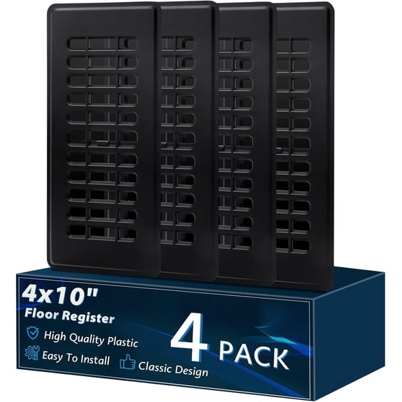 Floor Register 4x10, Plastic Air Vent Covers with Adjustable Airflow, Easy Installation Wall or Sidewall, Vent Covers for Home Floor(4PCS Black)