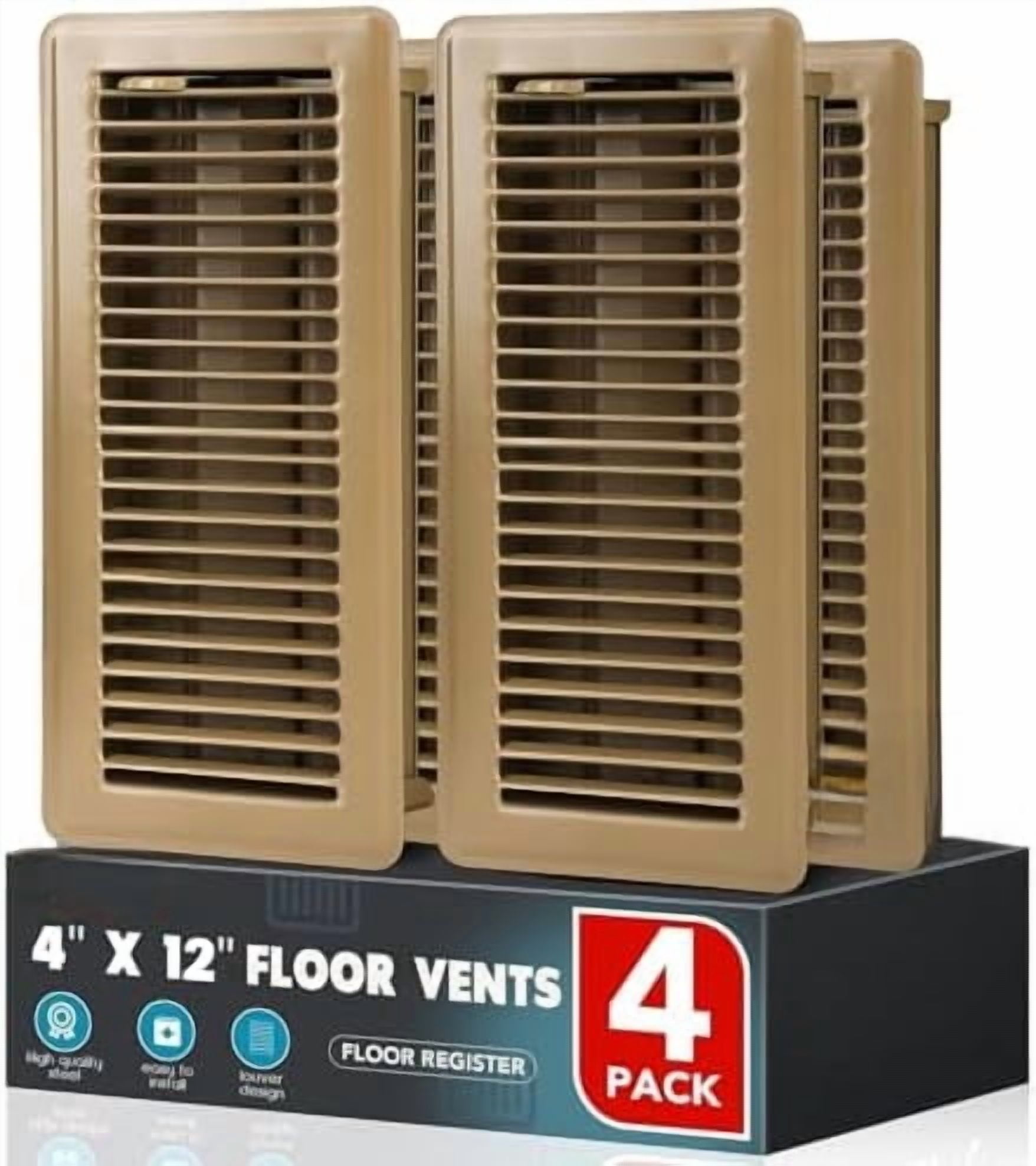 Floor Register 4x12, 4 Pack Floor Vent Covers, Steel Adjustable Air Supply Grille Register Vent Cover Grill for Sidewall and Floor, Vent Covers for Home Floor,Brown