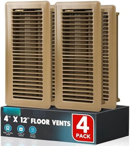 Floor Register 4x12, 4 Pack Floor Vent Covers, Steel Adjustable Air Supply Grille Register Vent Cover Grill for Sidewall and Floor, Vent Covers for Home Floor,Brown
