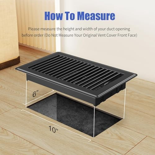 Floor Register Fit 6x10 Inch/10x6 Inch Duct Opening, Heavy Duty Steel Walkable Vent Covers for Home Floor, Adjustable Quiet Airflow Vent Grill, Rust-Proof Black Air Register Vent Cover 6-Pack