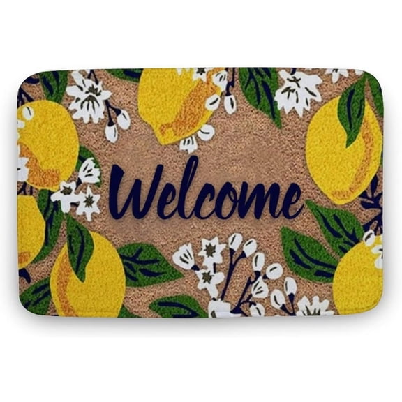 Floor Rug Cute Lemons with Flowers Mat, Hello Lemon Home Doormat, Indoor Outdoor No Slip Mat, Funny Door Mats for Balcony Yard Entryway Decor 24x16.