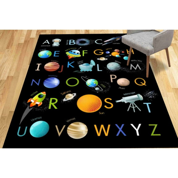 Floor Rug, Educational Alphabet Rug, Black Rugs, Educational Rugs, Pattern Rugs, Kids Rug, Kids Alphabet Rugs, Cute Rug, Kids Room Decor, 2.6'x4' - 80x120 cm