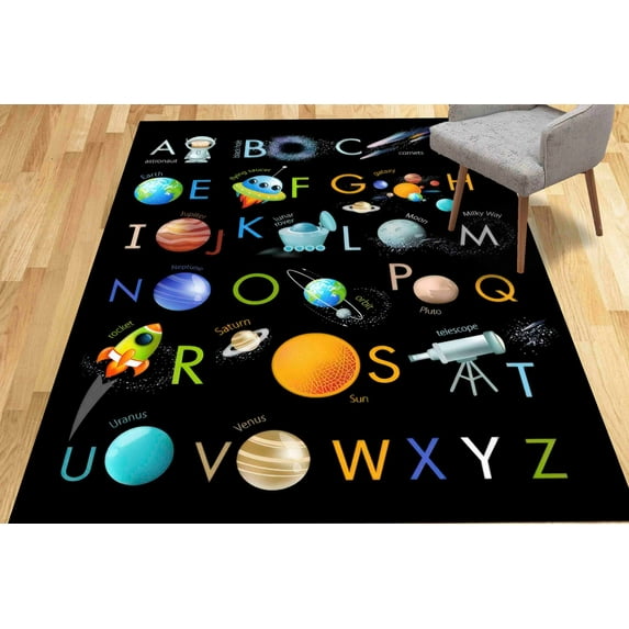 Floor Rug, Educational Alphabet Rug, Black Rugs, Educational Rugs, Pattern Rugs, Kids Rug, Kids Alphabet Rugs, Cute Rug, Kids Room Decor, 2.6'x9.2' - 80x280 cm