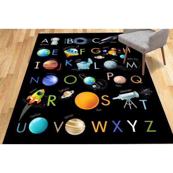 Floor Rug, Educational Alphabet Rug, Black Rugs, Educational Rugs, Pattern Rugs, Kids Rug, Kids Alphabet Rugs, Cute Rug, Kids Room Decor, 3.3'x6.5' - 100x200 cm