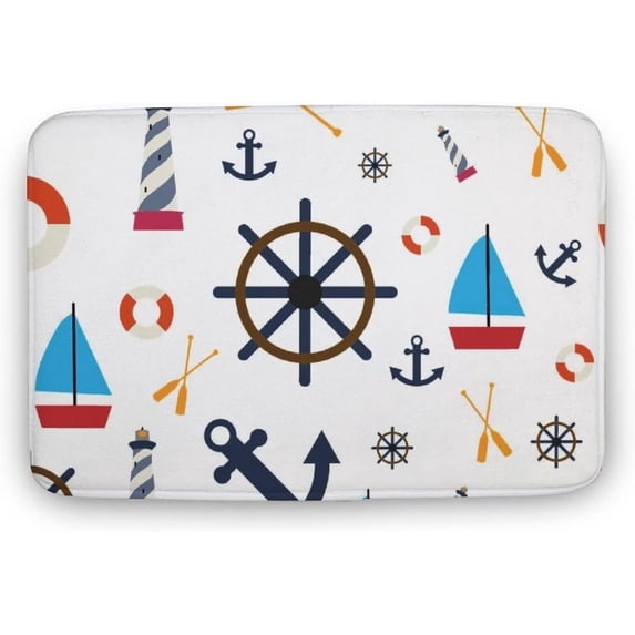 Floor Rug Funny Bathroom Doormats, Cartoon Boat and Lighthouse Entrance Doormats Indoor Non-Slip Front Door Mat Bath Mat Absorbent Door Mats for Kitchen Bedroom Floor Mats 16"×24"