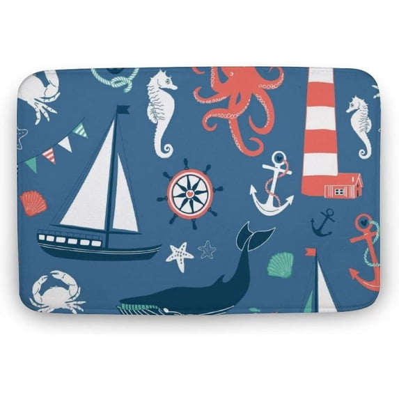 Floor Rug Funny Bathroom Doormats, Cartoon Seahorse and Sailboat Entrance Doormats Indoor Non-Slip Front Door Mat Bath Mat Absorbent Door Mats for Kitchen Bedroom Floor Mats 16"×24"