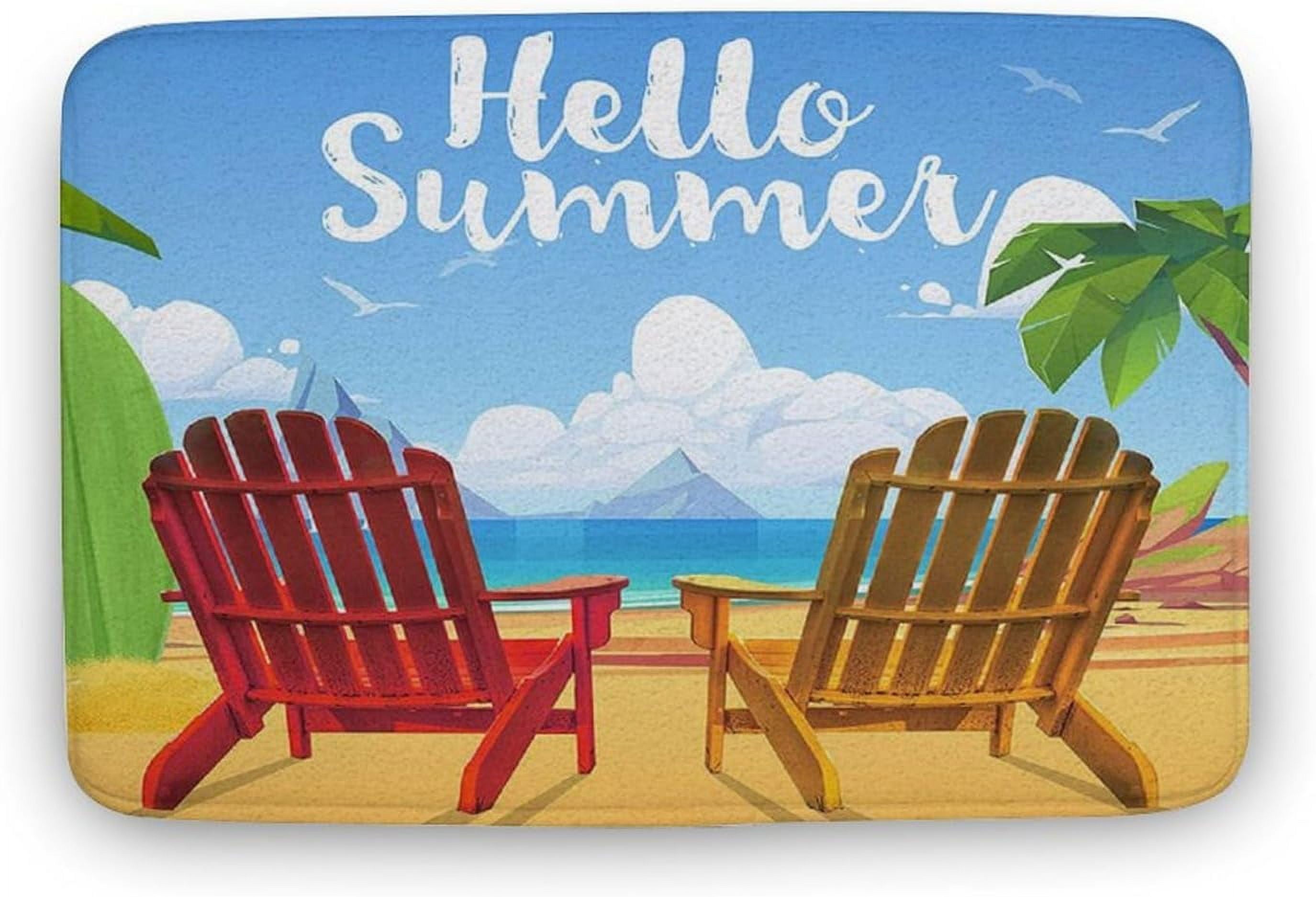 Floor Rug Hello Summer Doormat, Seaside Beach Chair Palm Tree Blue Sky