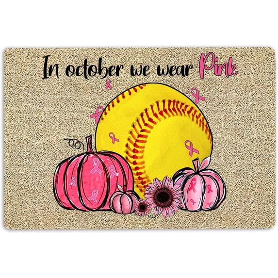 Floor Rug Softball Door Mat Breast Cancer Softball in October We Wear Pink Welcome Bath Mat Door Mat Welcome Doormats for Indoor Home Kitchen Bathroom 16"×24"