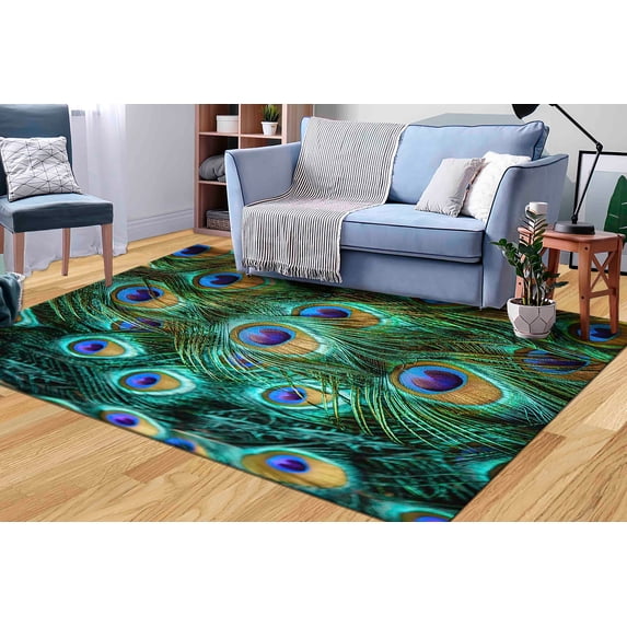 Floor Rugs, Wedding Rugs, Modern Rugs, Animal Rugs, Colorful Peacock Feather Rugs, Peacock Feather Rugs, Indoor Rug, Nursery Rug, Green Rug, 3.3'x9.2' - 100x280 cm