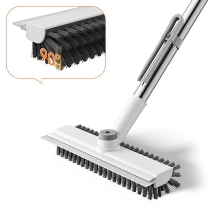 Floor Scrub Brush with Long Handle, Mini 3-in-1 Heavy-Duty Stiff Bristle Scrubber with Squeegee for Shower, Bathroom, Kitchen, Patio, Garage, Wall & Deck Cleaning
