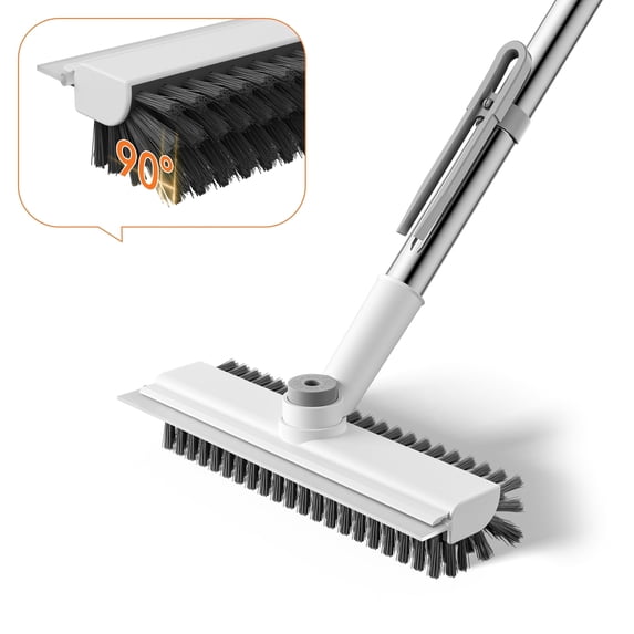 Floor Scrub Brush with Long Handle, Mini 3-in-1 Heavy-Duty Stiff Bristle Scrubber with Squeegee for Shower, Bathroom, Kitchen, Patio, Garage, Wall & Deck Cleaning