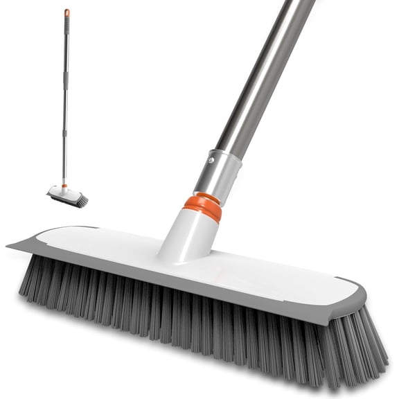 Floor Scrub Brush with Long Handle, 12" Wide 2-in-1 Deck and Squeegee 55" Stainless Steel Pole, Heavy-Duty Stiff Bristles for Shower, Tile, Garage, Patio & Kitchen-Orange
