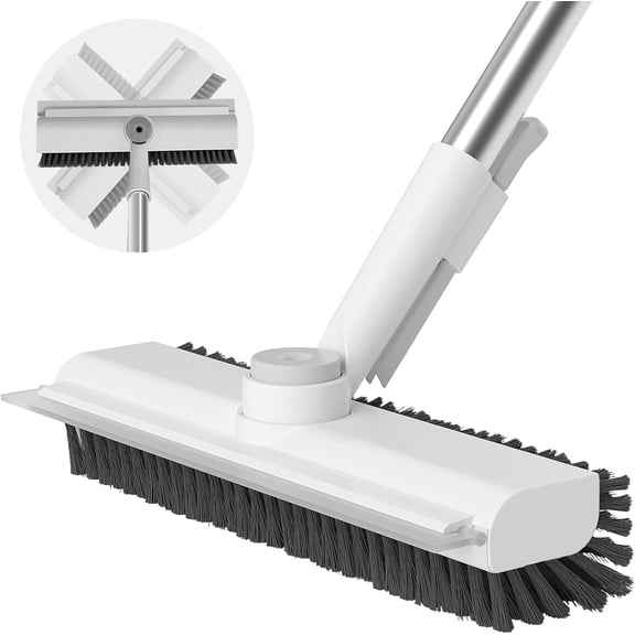 Floor Scrub Brush with Long Handle, 3 in 1 Scrape and Heavy-Duty Stiff Bristle Scrubber Brush Broom for Cleaning Shower Bathroom, Patio, Pool, Garage, Kitchen, Wall and Deck (White, 1 Pack)