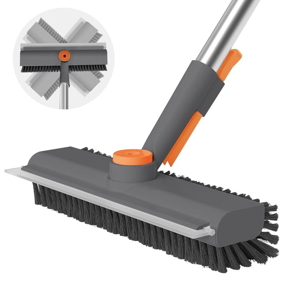 Floor Scrub Brush with Long Handle, 3 in 1 Scrape and Heavy-Duty Stiff Bristle Scrubber Brush Broom for Cleaning Shower Bathroom, Patio, Pool, Garage, Kitchen, Wall and Deck (White, 1 Pack)