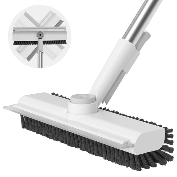 Floor Scrub Brush with Long Handle, 3 in 1 Scrape and Heavy-Duty Stiff Bristle Scrubber Brush for Cleaning Shower Bathroom, Patio, Garage, Kitchen, Wall and Deck (White, 1 Pack)