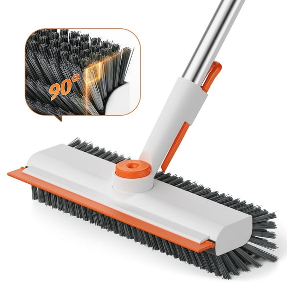 Scrub Brush with Long Handle, Heavy-Duty Stiff Bristle Floor Scrubber with Squeegee for Tile, Grout, Bathroom, Shower & Kitchen Cleaning