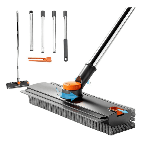 Floor Scrub Brush with Long Handle, 3 in 1 Scrape and Heavy-Duty Stiff Bristle Scrubber Brush for Cleaning Shower Bathroom, Patio, Pool, Garage, Kitchen, Wall & Deck, 134x27x6.5cm