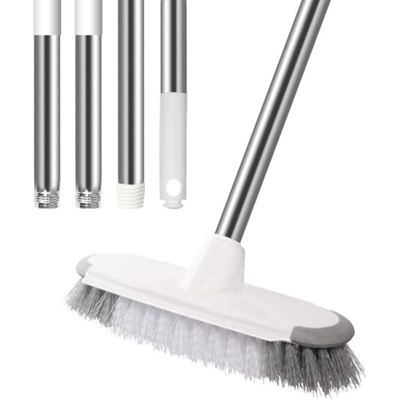 Floor Scrub Brush with Long Handle 54" Stiff Bristle Shower Deck Brush, Adjustable Stainless Metal Handle for Cleaning Tile, Bathroom, Tub, Bathtub and Patio