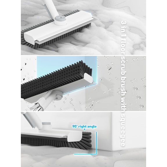 Floor Scrub Brush with Long Handle, Multi-Angle Swivel Head, Floor Scrubber with Squeegee & Tweezer for Tile Wall Deck Bathtub Patio Garage Pool Kitchen