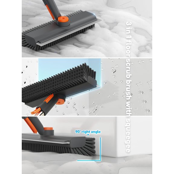 Floor Scrub Brush with Long Handle, Multi-Angle Swivel Head, Floor Scrubber with Squeegee & Tweezer for Tile Wall Deck Bathtub Patio Garage Pool Kitchen