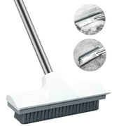 Floor Scrub Brush with Long Handle, 2 in 1 Heavy-Duty Stiff Bristle Scrubber Broom with Squeegee for Tile Grout Bathroom Deck Patio Garage Kitchen Cleaning