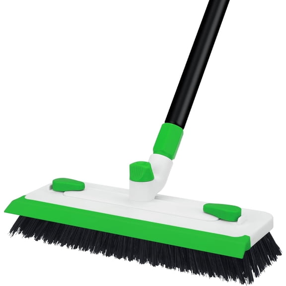 Floor Scrub Brush with Long Handle, 3-in-1 Scrape Scrubber Brush with Squeegee Stiff Bristle Deck Brush