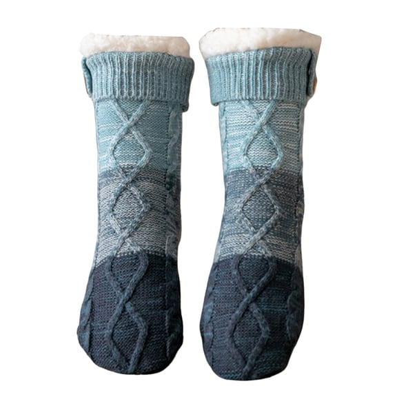 Floor Socks Color Block Sherpa Lining Knitted Mid-calf Thickened Keep Warm Comfortable Winter Thermal Women Indoor Home Slipper Sleeping Socks for Daily Wear,Blue