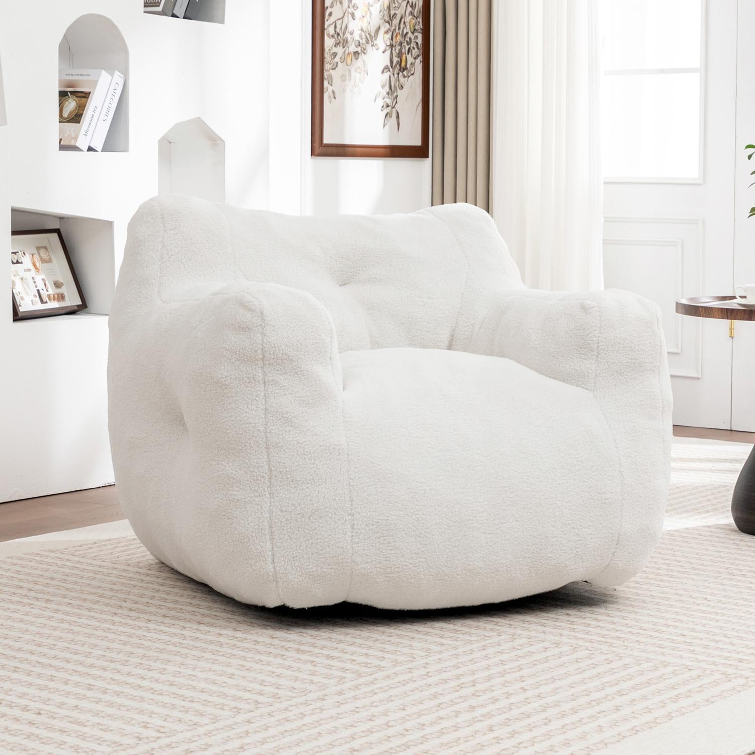 GARITIN Bean Bag Chair, Teddy Faux Fur Filled with High-Density Foam, 37inx 35in x 31.1in, White