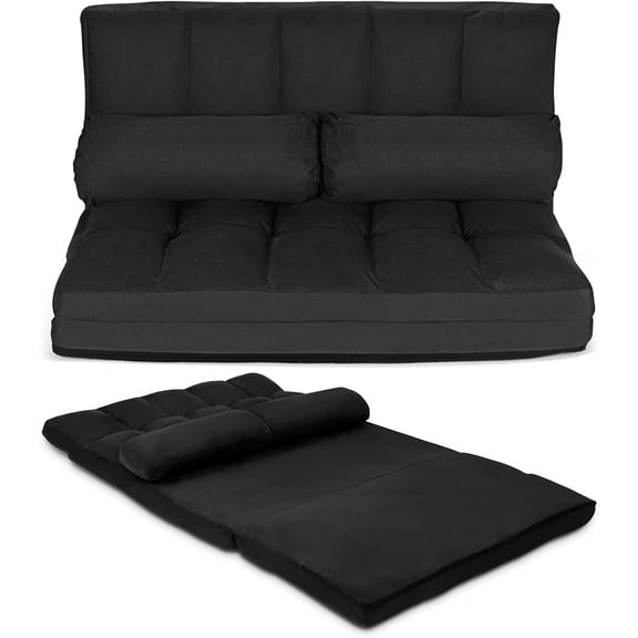 Floor Sofa Couch with 2 Pillows, Foldable 6-Position Adjustable Lazy Sofa Bed Sleeper with Metal Frame, Soft Suede Fabric, Gaming Playing Lounge Recliner for Adults (Black)