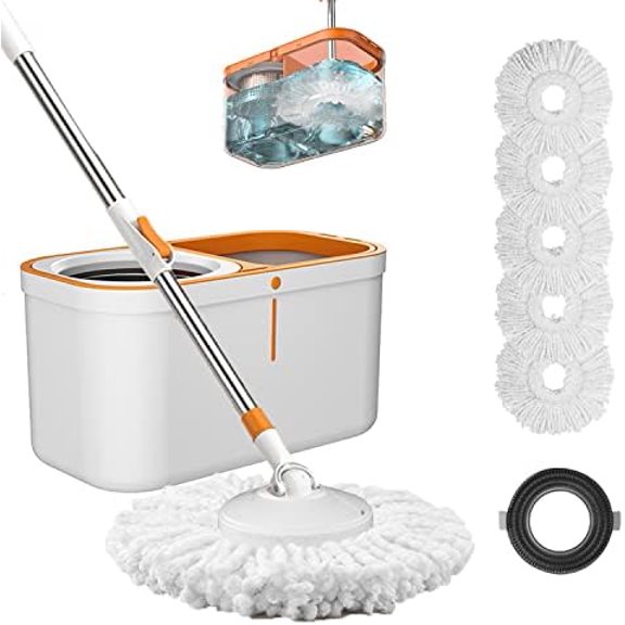 Floor Spin Mop and Bucket Set with Wringer System Extended Stainless Steel Handle 61"for Home Floor Cleaning Use with 5 Replacement Head Refill and 1 Cleaning Brush Head