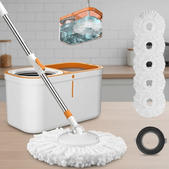 Floor Spin Mop and Bucket Set with Wringer System Extended Stainless Steel Handle for Home Floor Cleaning Use with 5 Replacement Head Refill and 1 Cleaning Brush Head