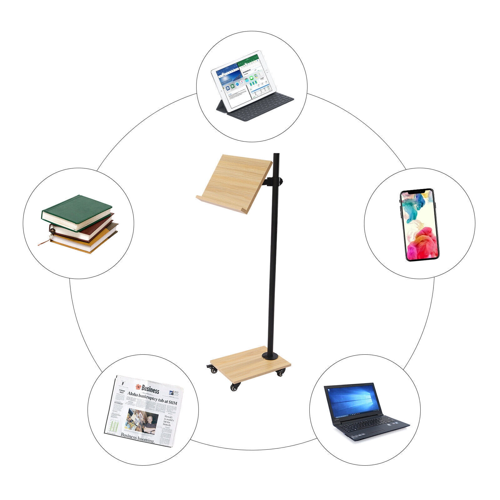 Floor Stand w/Movable Panel & Wheels Book Stand Adjustable Height 15