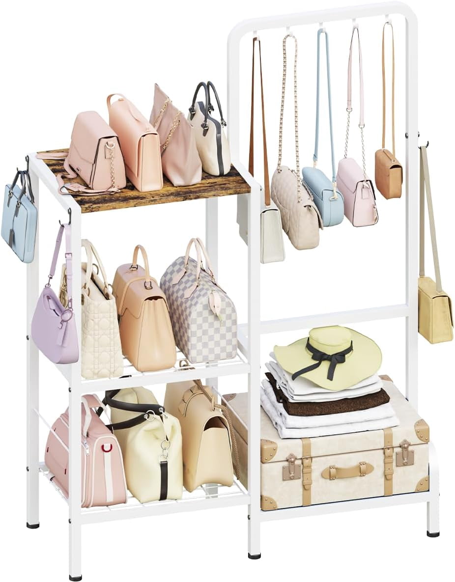 Purses Rack Rotable Floor-Standing 3-Tier Purse Organizer, High-Capacity Bag Holder with 8 ...