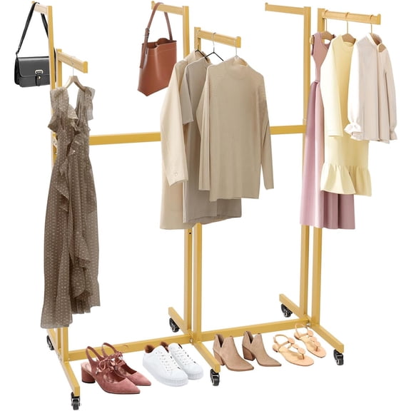 Floor Standing 6 Arms Garment Rack, Heavy Duty Metal Clothing Display Rack With Wheels, 3.9'-5.2' Height Adjustable Mobile Square Tubing Retail Display Racks For Hanging Clothes