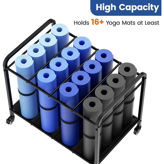 Floor-Standing Black Yoga Mat Storage Cart+Metal Basket with Wheels, Home Gym Workout Equipment for Foam Roller Dumbbells Kettlebells Yoga Studio Fitness Classes