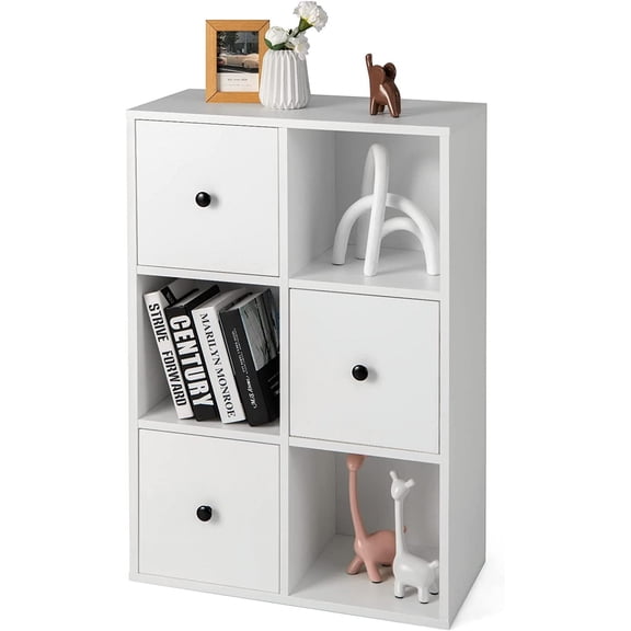 Floor Standing Bookcase Cabinet, 3-Tier Storage Organizer with 3 Cubes & 3 Drawers, Modern Bookshelf with Anti-toppling Device, for Office, Living Room, Study Room, White