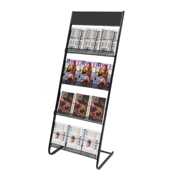 Floor-Standing Brochure Display Stand With 6 Mesh Pockets, Style-3 Black Metal For Office Retail Trade Show