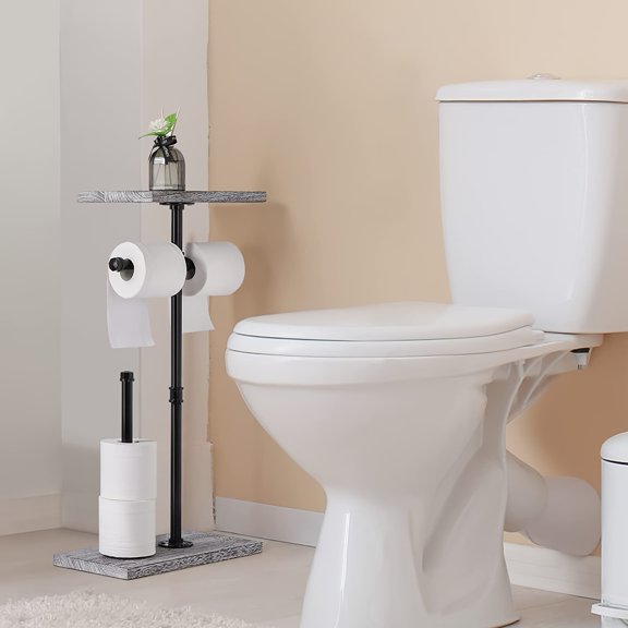 FloorStanding DualAxis Toilet Paper Holder, Holds 2 Paper Rolls & Extra Spares, Top Storage Shelf for Phones & Candles, DrillFree Installation Bathroom Tissue Organizer