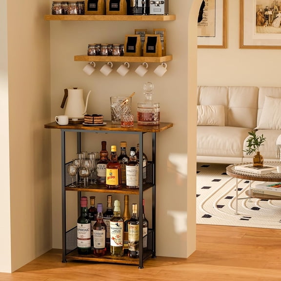 Floor Standing Freestanding Whiskey Rack: 3 Tier Wine Rack Mini Bar Table Corner Wine Bottle Display Stand Liquor Cabinet Bar Cart, for Bottles,Cocktail Shaker,Mugs