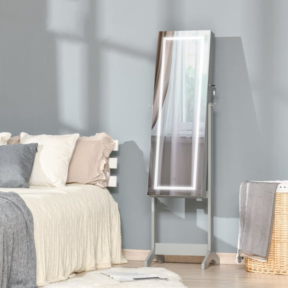 Floor Standing Jewelry Cabinet with LED Light, Lockable Jewelry Organizer with Full-Length Mirror, and 5 Storage Shelves, Grey