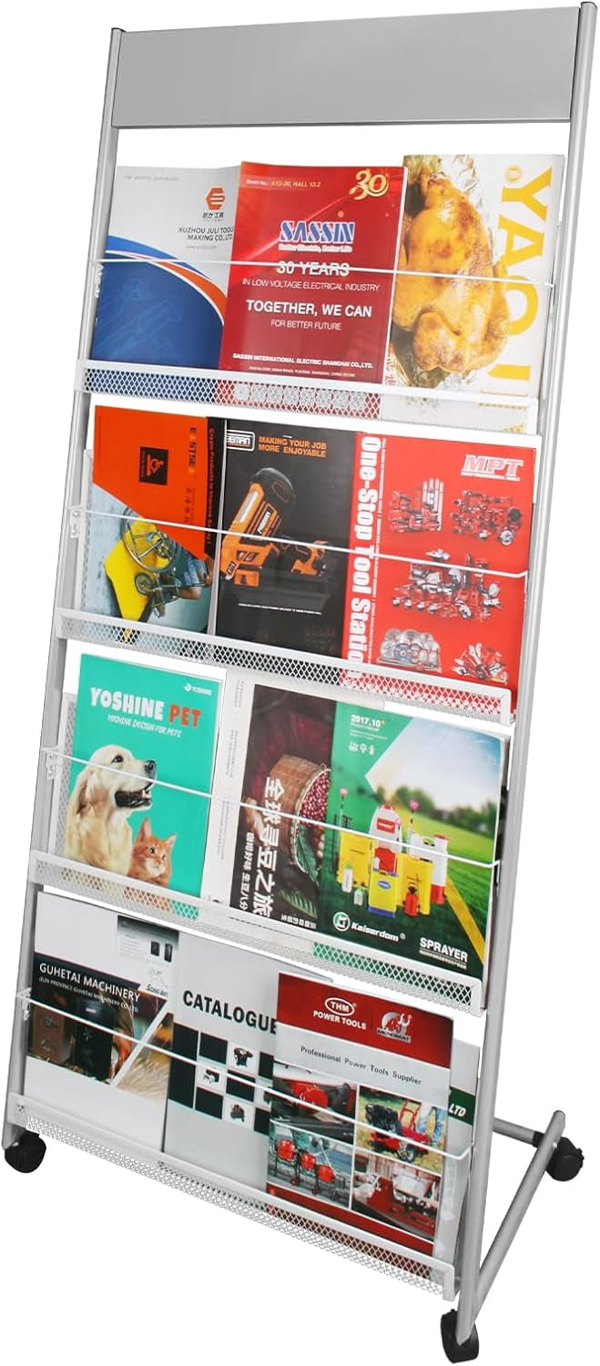 Floor Standing Magazine Rack, 4-Layer Brochure Display Rack with Wheels ...