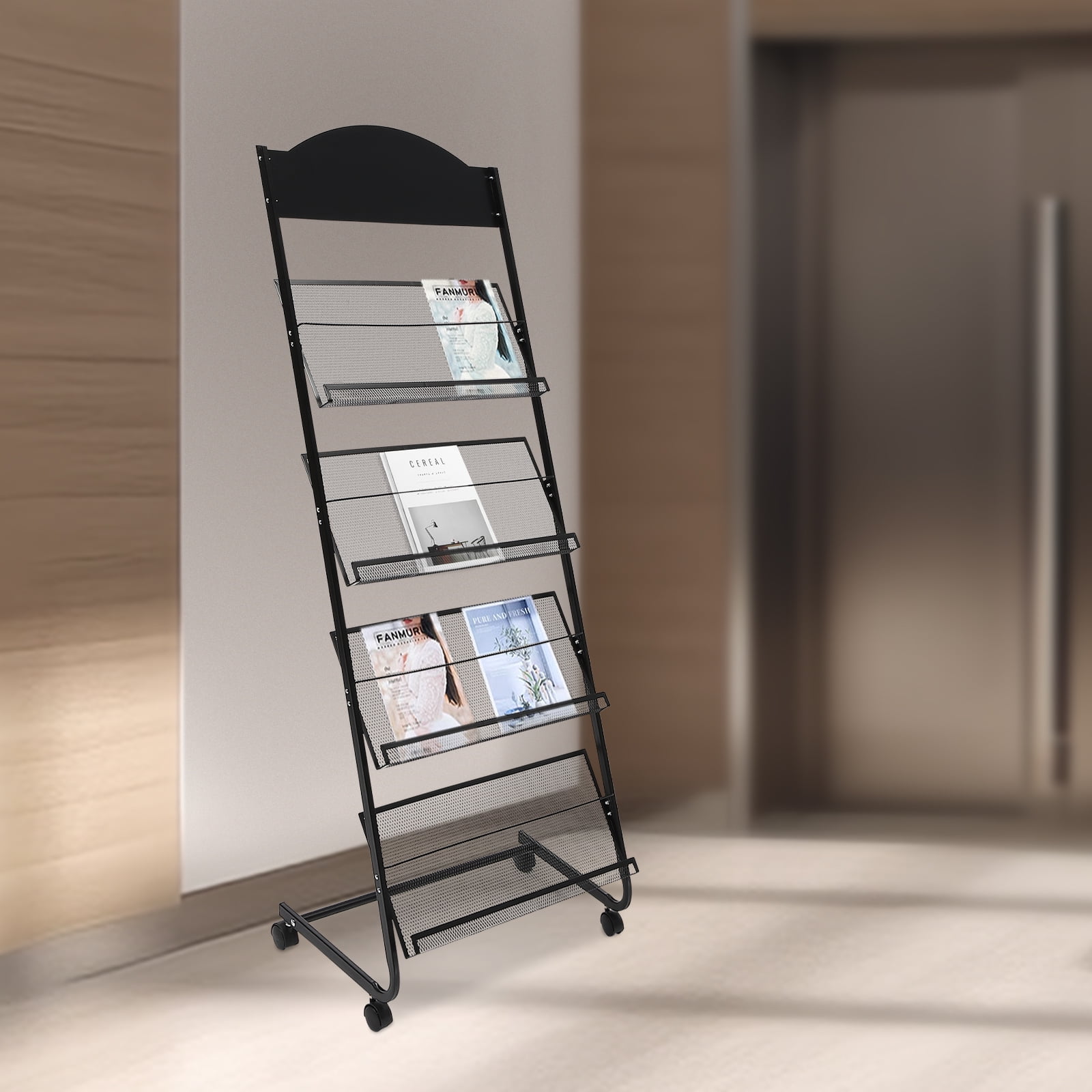 Standing Newsletter Rack Floor-Standing Magazine Rack, 4-Layer Metal Wheeled Newspaper Rack ...