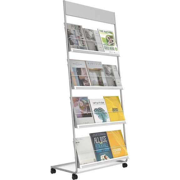 Floor-Standing Magazine Rack 4-Layer with Wheels, Brochure Display Stand, High-hardness metal for Exhibitions, Office, and Any Organization Requiring Information Display (Silver)