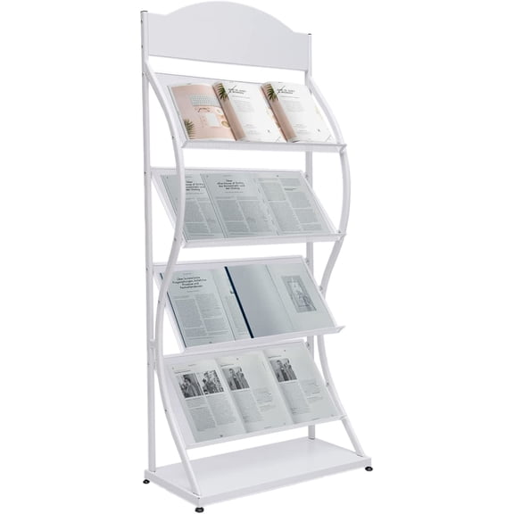 Floor-Standing Magazine Rack Information Rack Storage Rack Newspaper Rack Display Rack Manual Book Rack Single Page Simple Iron, 4-Layer Book Display Shelf+Billboard, Document Holder (White)