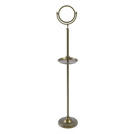 Floor Standing Make-Up Mirror 8-in Diameter with 2X Magnification and Shaving Tray in Antique Brass
