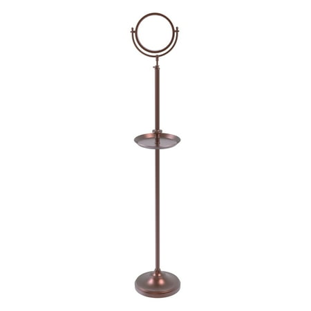 Floor Standing Make-Up Mirror 8-in Diameter with 3X Magnification and Shaving Tray in Antique Copper